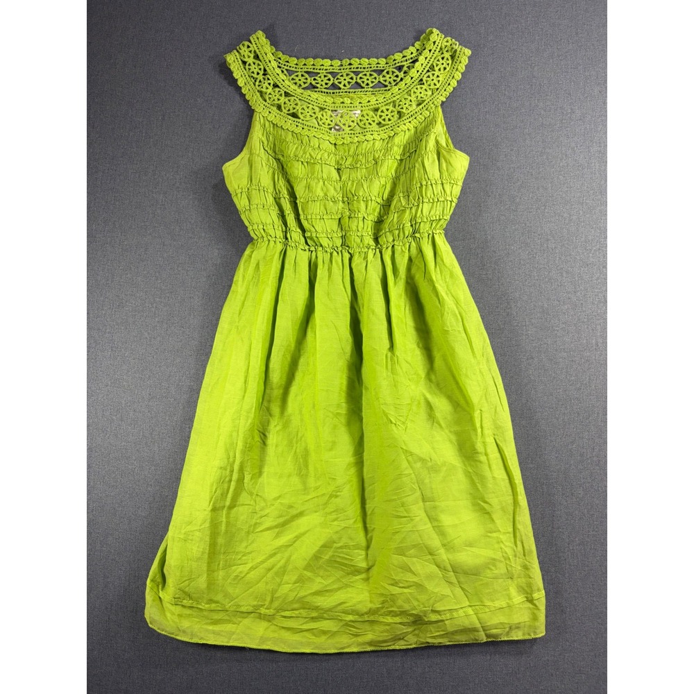 MSSP Max Studio Lime Green Cotton Silk Crochet Lace Neck Pleated Dress Small